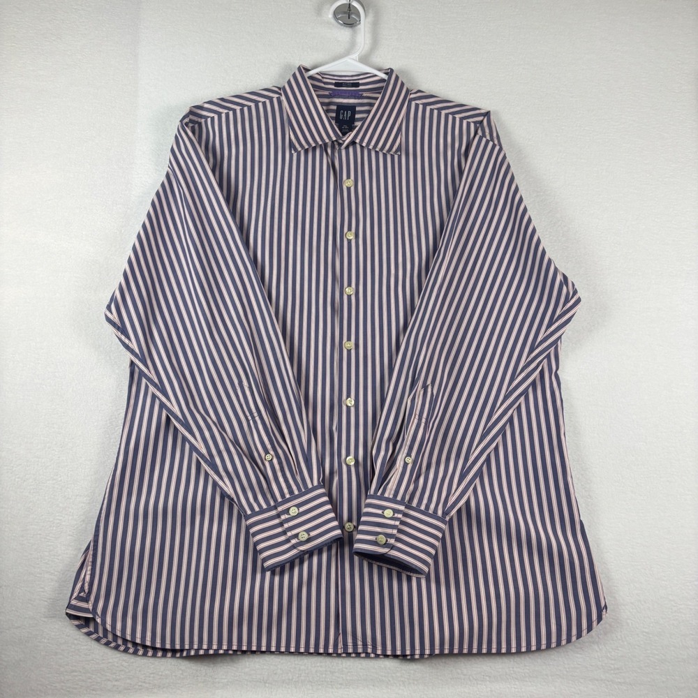 GAP Fitted Premium Mens XXL Button Down Shirt Striped Navy White Orange Long Slv